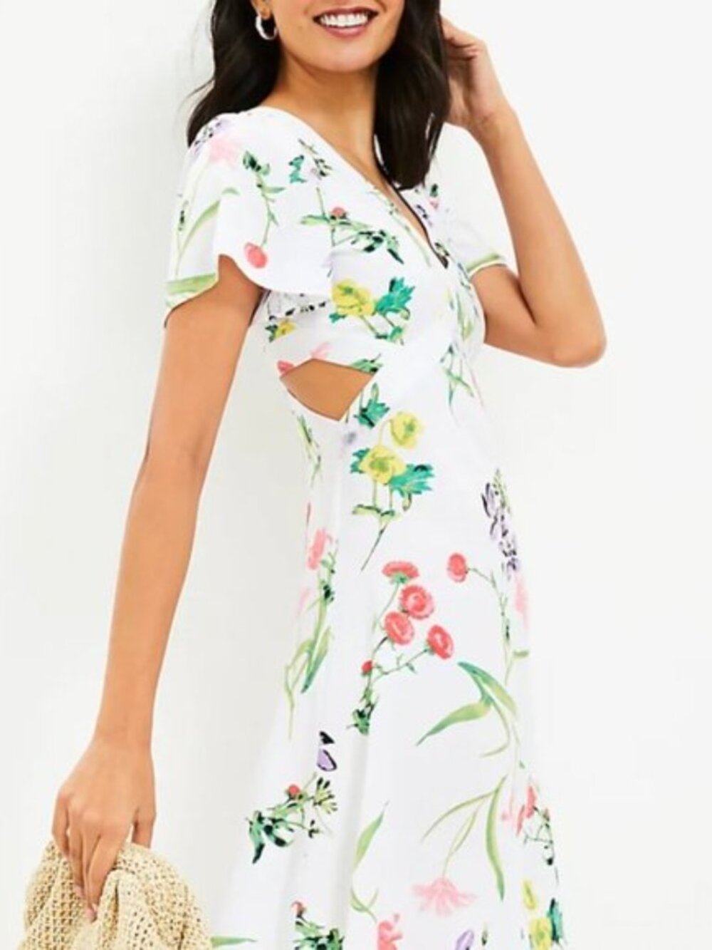 Loft Floral Dress Botanical Cutout Floral Flutter Sleeve Back Zip Sz 10 6-8 New